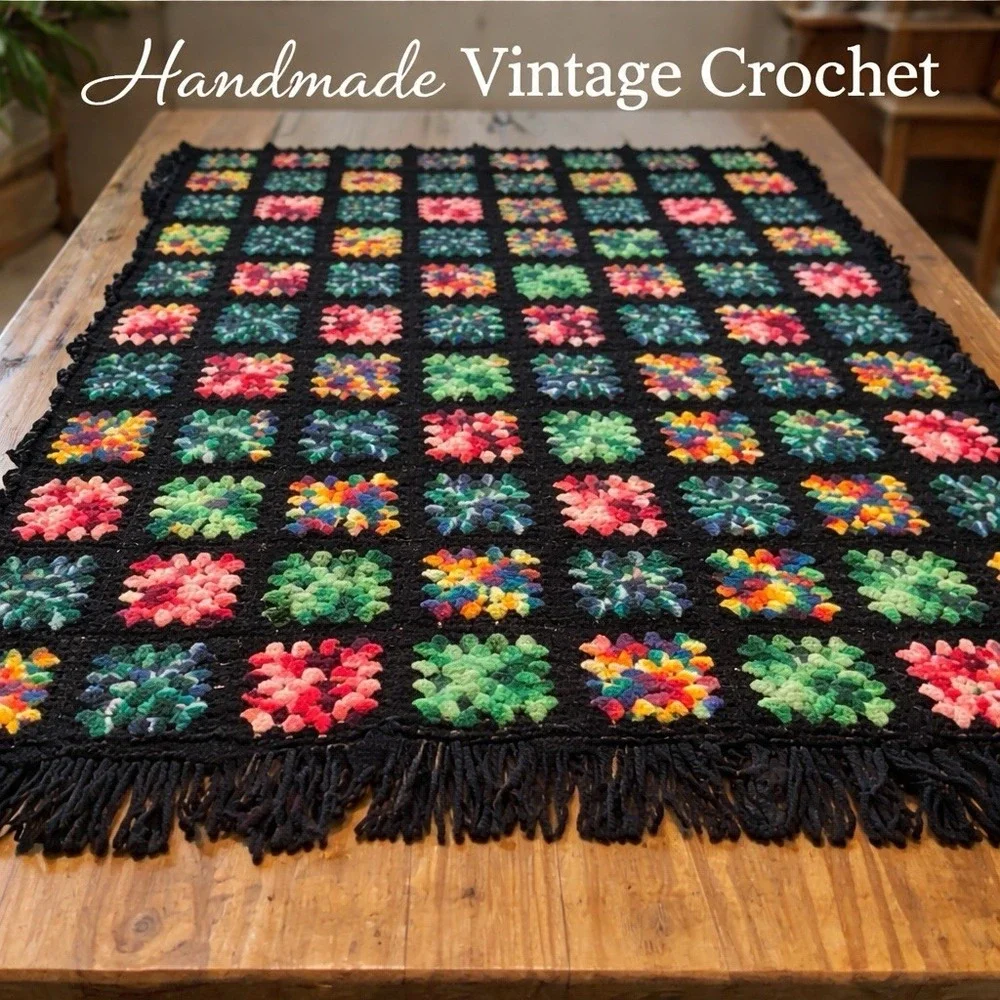 Vintage Handmade Granny Square Crochet Blanket Throw Black Multicolor Fr1nge
